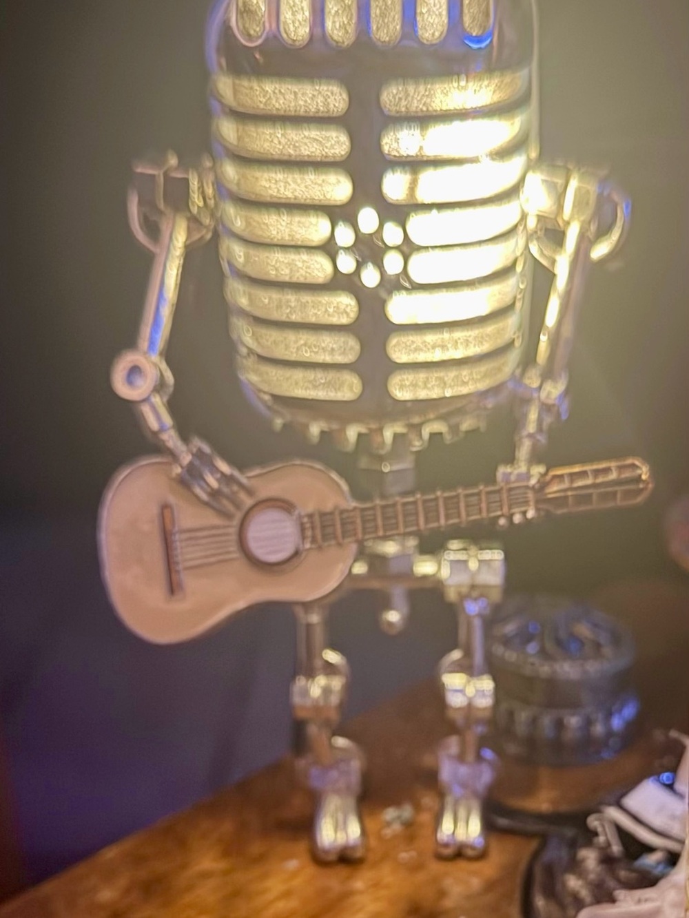 Vintage Microphone Robot Sculpture with Guitar - Silver and Tan